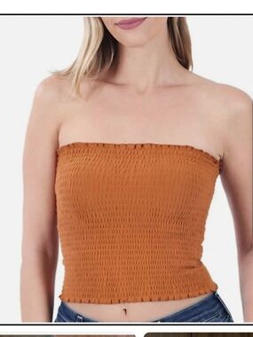 Zenana Women's Pleated Stapless Smocked Tube Crop Top Almond-New S,M,L